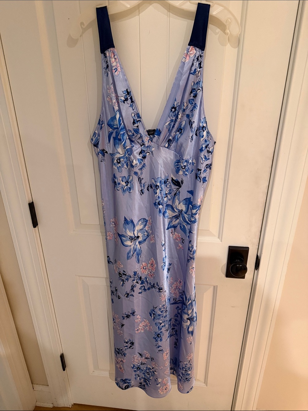 Vintage Jones New York  Blue Floral Slip Nightgown with Navy Straps